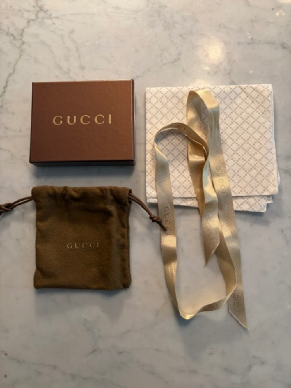 Gucci Box, Gucci Pouch, Gucci Ribbon & Gucci Tissue Paper